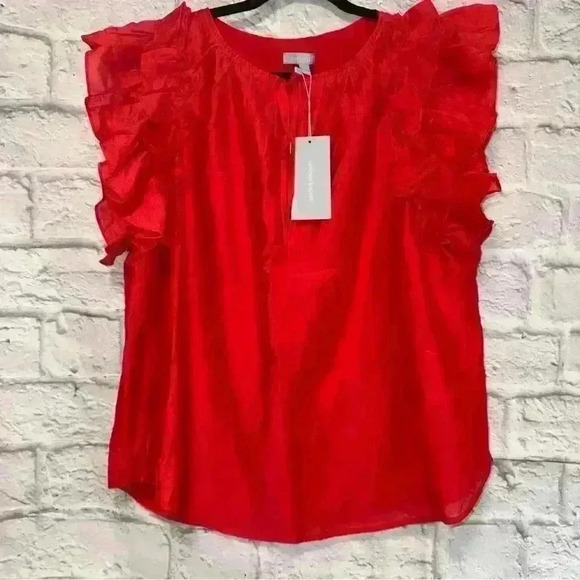 NWT Chili Red Antonio Melani “Meadow Ruffle” Tie Neck Ruffle Shoulder Blouse XL - Picture 3 of 6